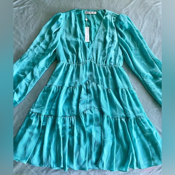 NWT Trina Turk Aqua Turquoise Satin Babydoll Mini Dress Tiered Long Sleeve Large - Picture 5 of 8